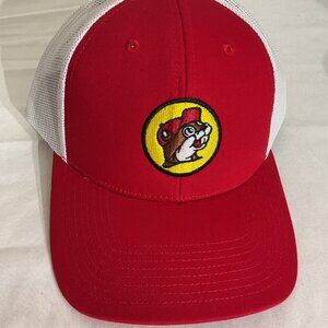 Buc-ees Red & White Mesh Trucker Cap With Embroidered Logo For Adults